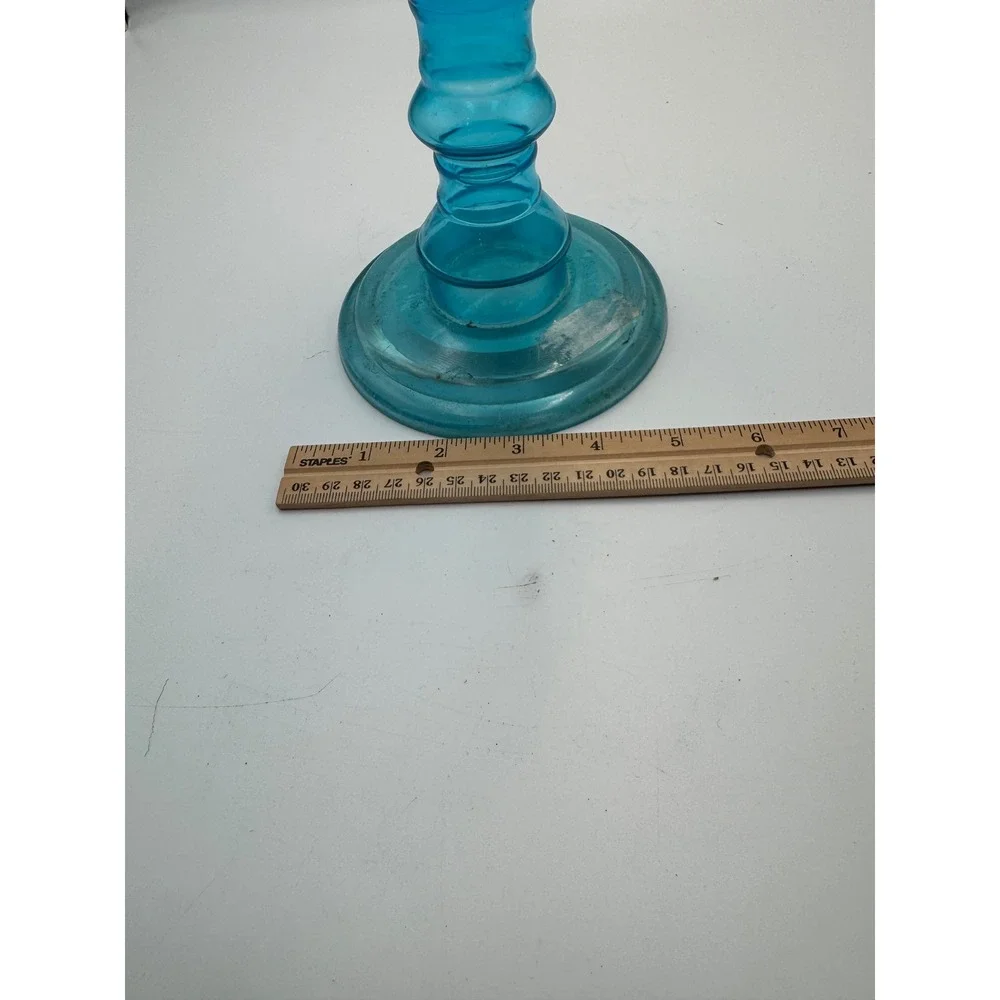 Turquoise Blue Glass Pillar Candlestick Holder‎ Orb Stem 11.5 Inch RN 119316